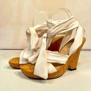 CORK WEDGE SHOES 4” HEELS WITH WHITE COTTON STRAPS SIZE 8 EUC